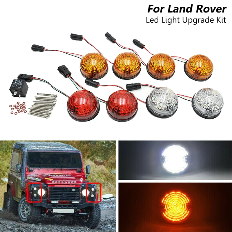 

8Pcs Led Front Indicator Light Side Lights Led Complete Upgrade Kit Tail Lights Amber For Land Rover Defender 1990-2016