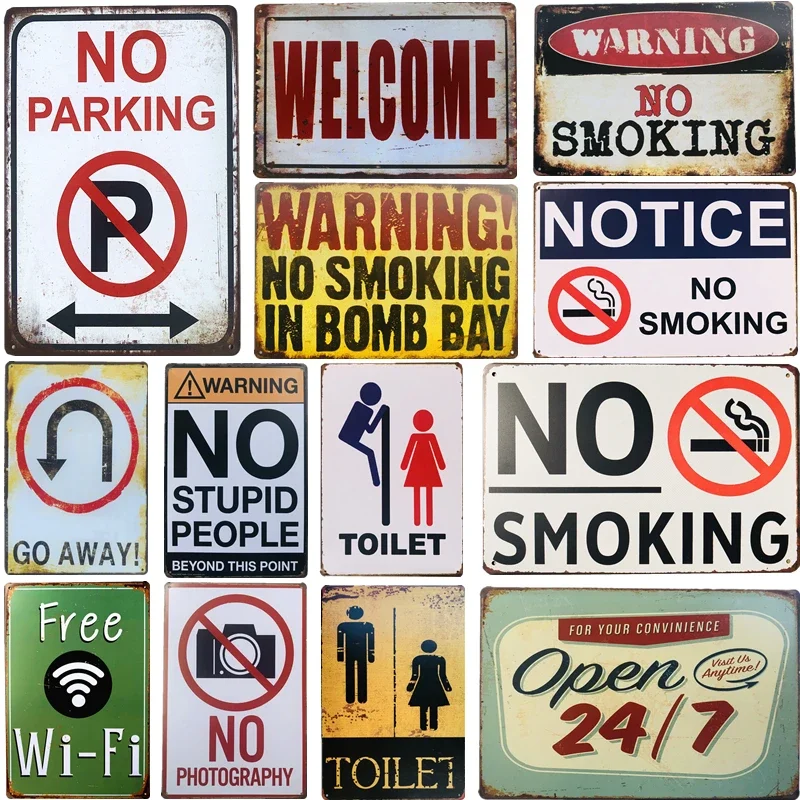 Vintage Metal Tin Sign Warning No Smoking Stupid Toilet Slogan Free Wifi Open Shop Plate Home Bar Sticker Decoration Plaque Wall