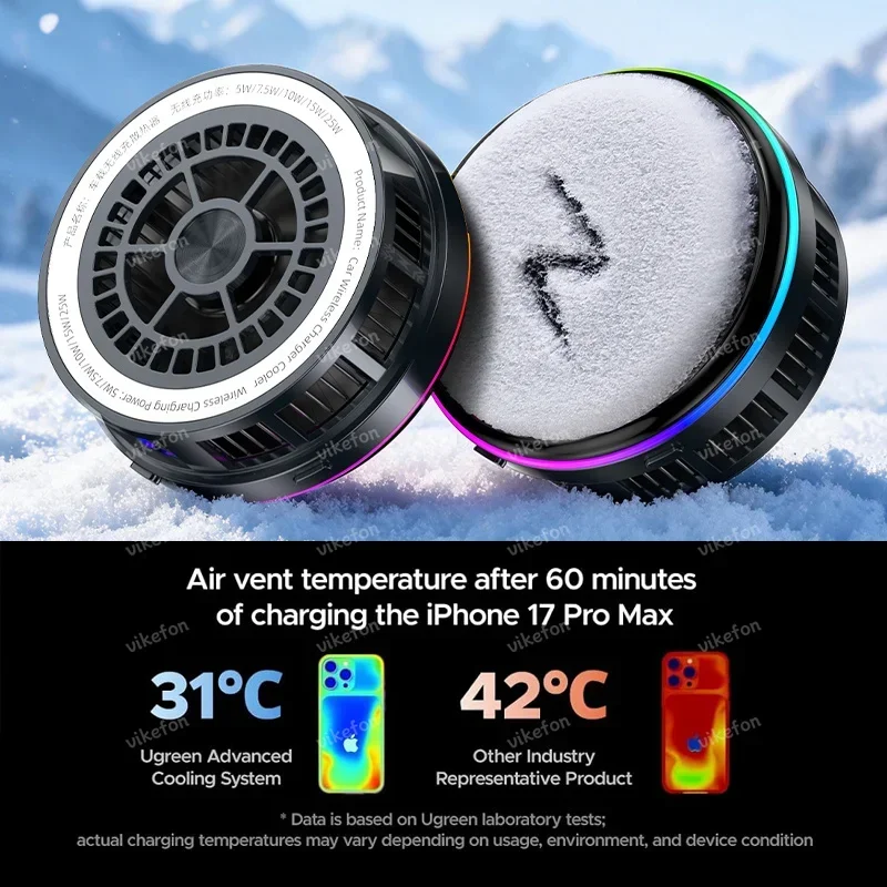 QI2 Ice Cooling Gehärtetes Glas RGB Magnetisches Kabelloses Autoladegerät Schnellladekühler für Magsafe iPhone 12-16 Telefonhalter – Detail 3