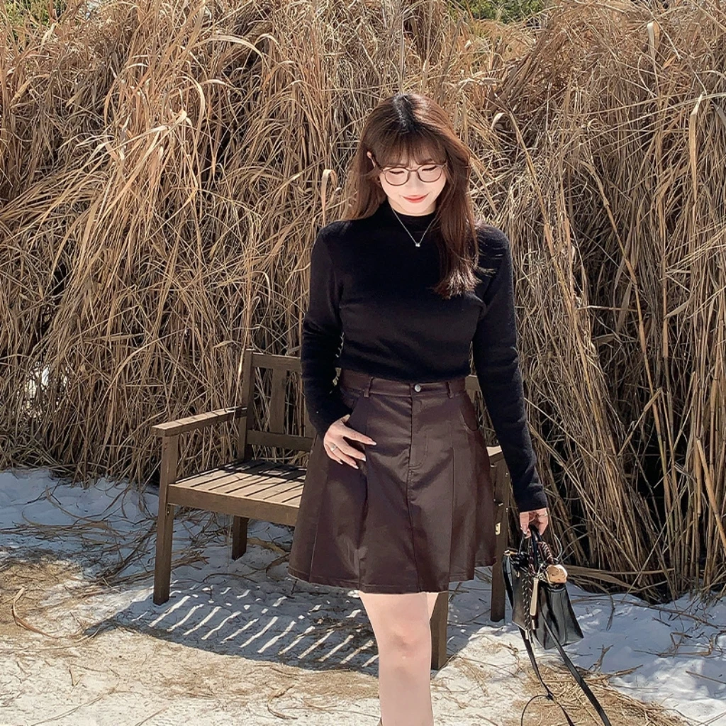 

Корейский стиль, кевларовая кожаная плиссированная юбка трапециевидной формы с высокой талией для женщин больших размеров, утягивающая короткая юбка, весенняя мода