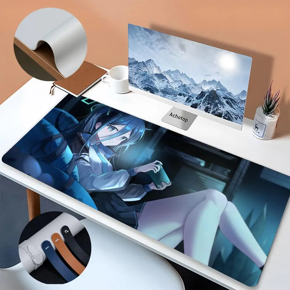 Anime Azul Arquivo Mouse Pad, Menina bonito, Tamanho grande, Office Desk Protector Mat, Couro PU impermeável, Desktop Gamer, 600x300