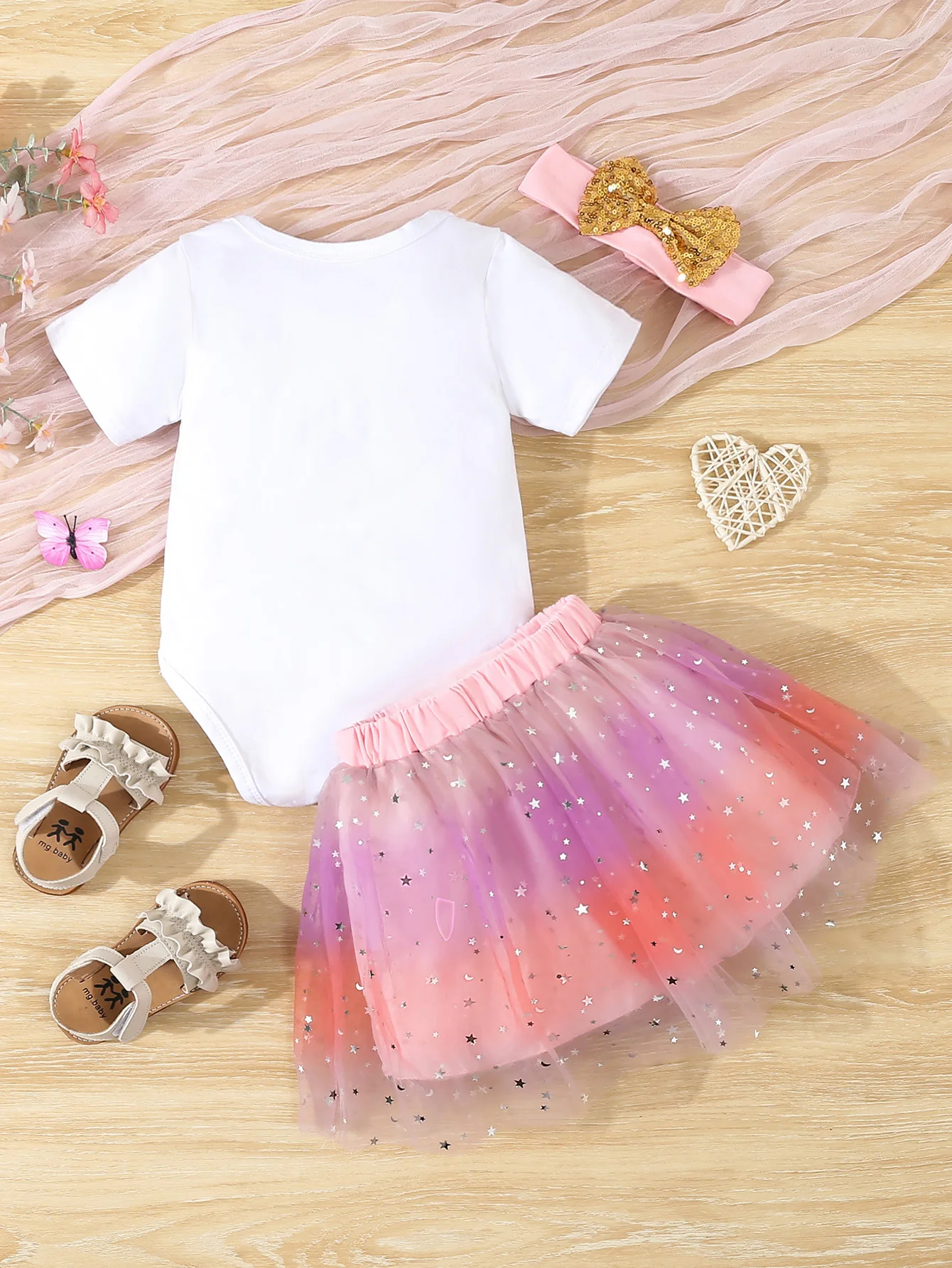 Baby Girl  Clothes Cute 1st Birthday Print Outfit Bodysuit  Sequin Bowknot  Mesh Tutu Skirt 3Pcs Toddler Girls Clothing Set