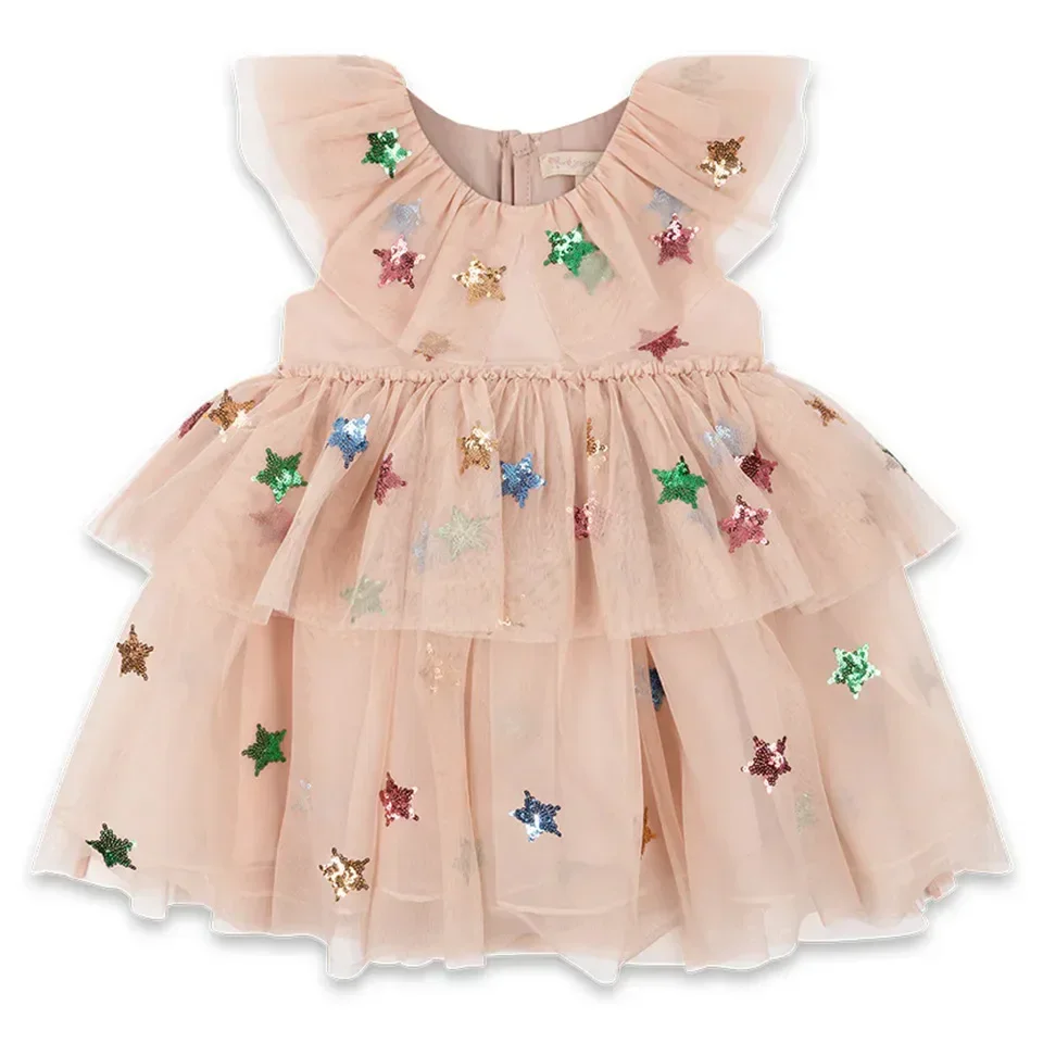 2026 KS Baby Girls Star Sequins Dress Kids Clothes Girls Mesh Princess Dresses Children Casual Skirts Christmas Party Vestidos