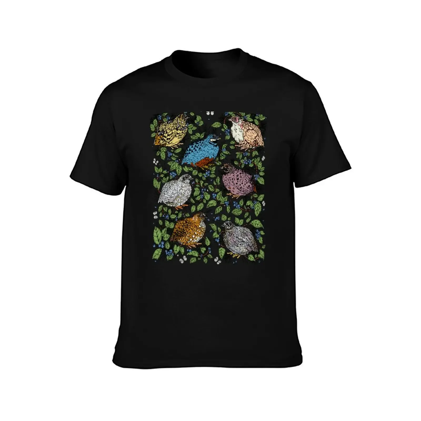 Quail, Blueberries, and Butterflies Morning Pattern T-Shirt shirts graphic aesthetic clothes mens workout shirts