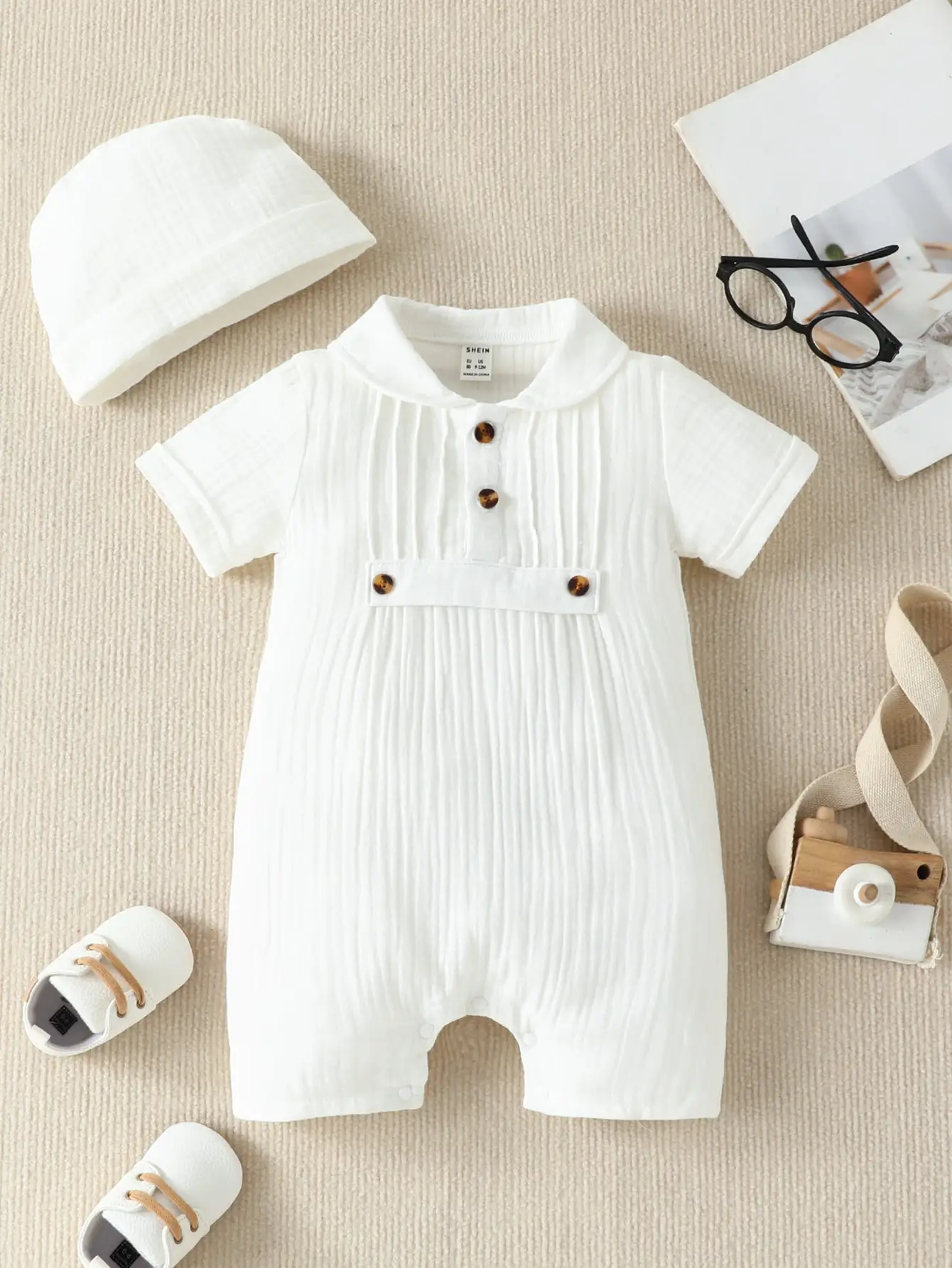 2-Piece Summer New Baby Cotton Casual Comfort Soft Simple Solid Color Lapel Short-Sleeved Romper + Hat