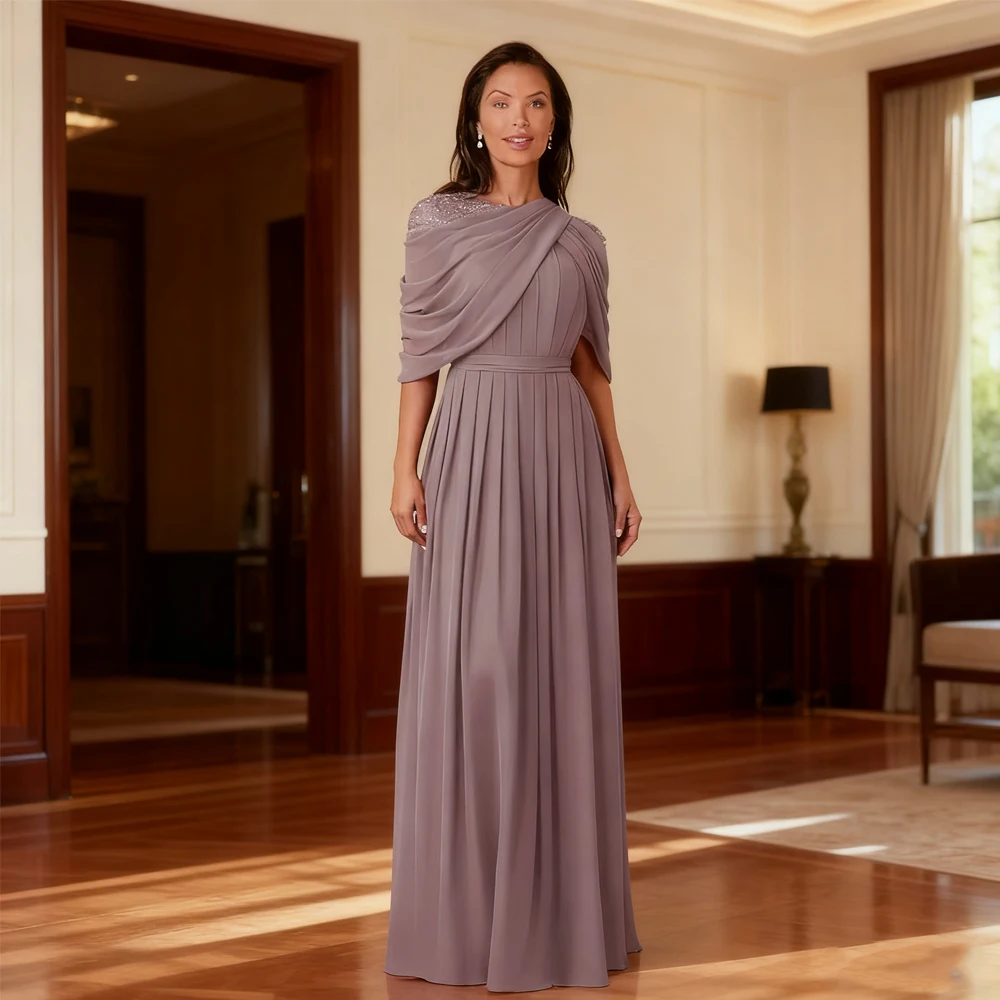 

Exquisite Scoop Half Sleeve Mother of Bride Dresses for Women Beading 2025 Beach Chiffon Wedding Party Dresses Robe De Soirée