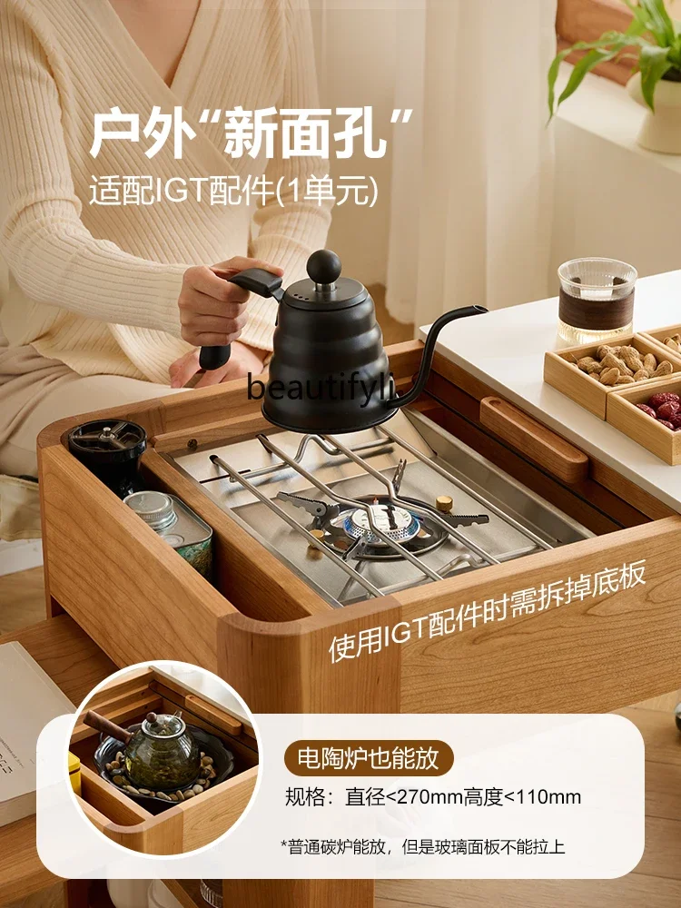 

zzSolid Wood Living Room Home Stone Plate Tea Table Balcony Stove Mobile Tea Table