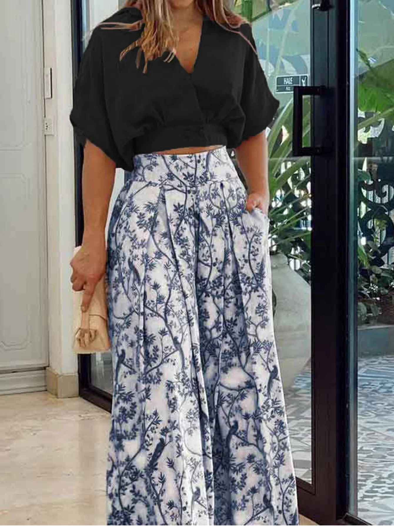 الصلبة اللون الخامس الرقبة قصيرة الأكمام الأزهار طباعة المرأة السراويل واسعة الساق شارع العليا أزياء اليومية مجموعة الصيف تنوعا