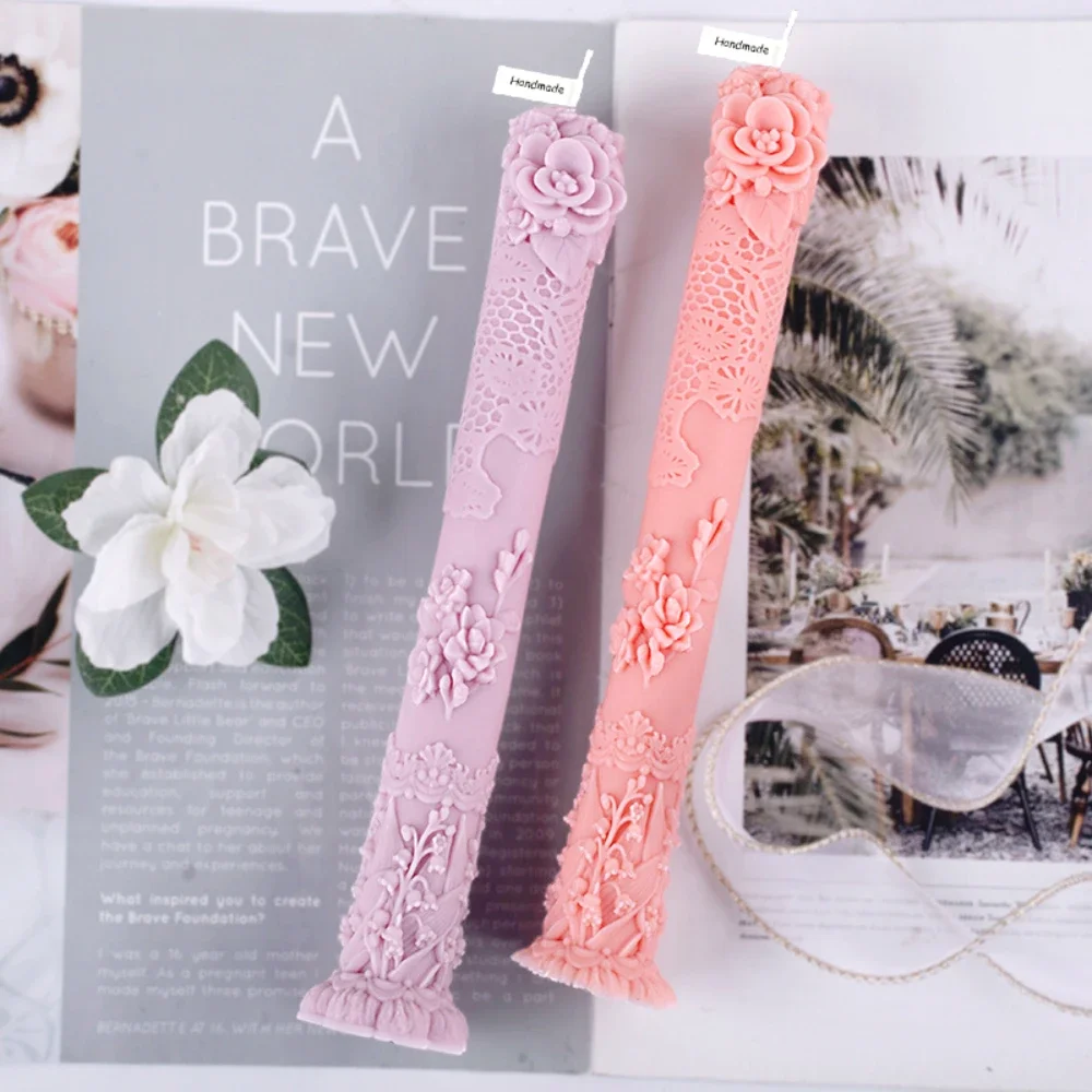 Relief Rose Flower Silicone Candle Moulds Lily Long Pole Gypsum Molds Plant Shape Cylinder Resin Decor Peony Soap Makinhg Tools