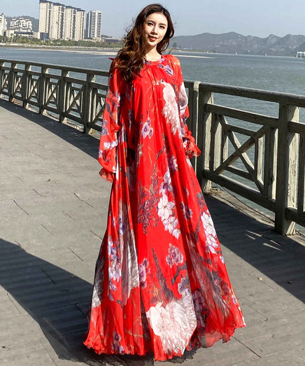 New Fashion Peacock Print Maxi Dress Women Sundress Abaya Dubai Hijab Chiffon Muslim Dresses African Turkey Islam Kaftan Robe