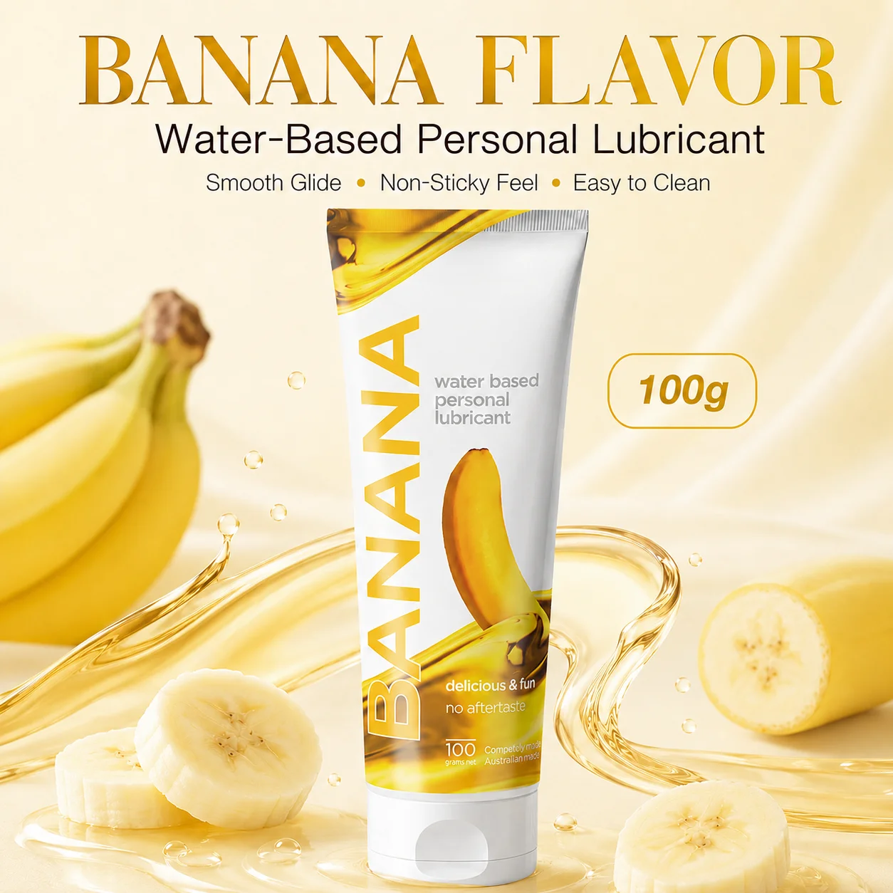 Water-Based Personal Lubricant Gel, Banana Flavor Sex Lubricant for Sensual Play, Long-Lasting Non-Sticky Easy-Clean, 100g Tube