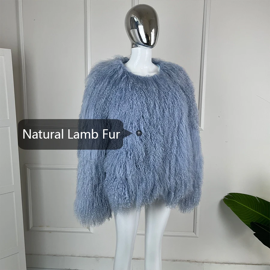 여성용 몽골 모피 코트, 라운드 넥 짧은 양가죽 코트, 겨울 양털 코트, 진짜 푹신한 양털 재킷