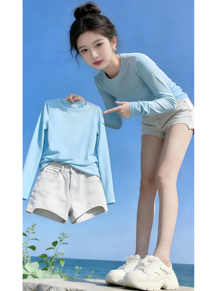 

Комплект Pinglei: Повседневный модный костюм в стиле Lazy Style для весны и лета – топ с длинным рукавом и круглым вырезом, шорты. Удобная дышащая женская одежда.