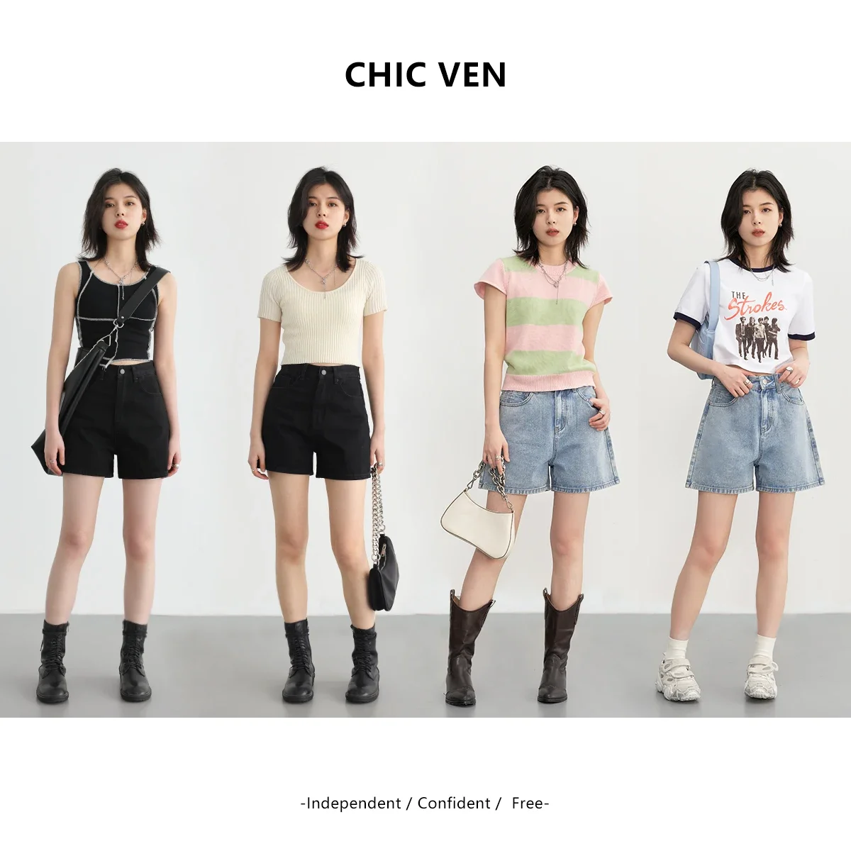 CHIC VEN Women\'s Shorts Vintage High Waisted Wide Leg Pants A-line Denim Short Pant for Woman Female Summer Multiple Colors 2023