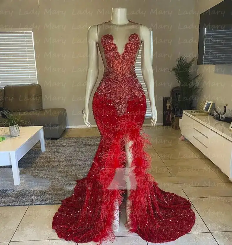 Personalizado lindo diamante vermelho cristal Prom vestidos lantejoulas pena formal noite vestidos menina aniversário graduação festa robe