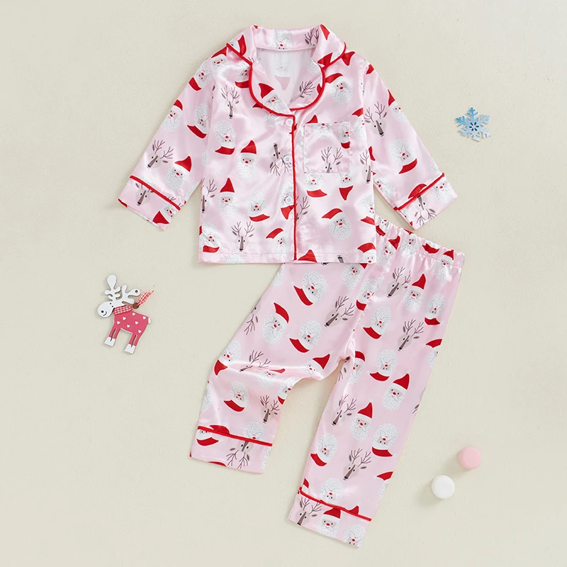 Little Girl Christmas Pajama Sets Santa/Elk Print Lapel Neck Button-up Tops Elastic Waist Long Pant Satin Loungewear Set