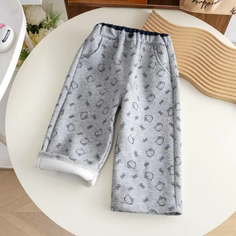

Sanrio Hello Kitty Cartoon Print Fleece Pants 2026New Girls Fashion Casual Straight Leg Winter Pants For Baby Toddler Cute