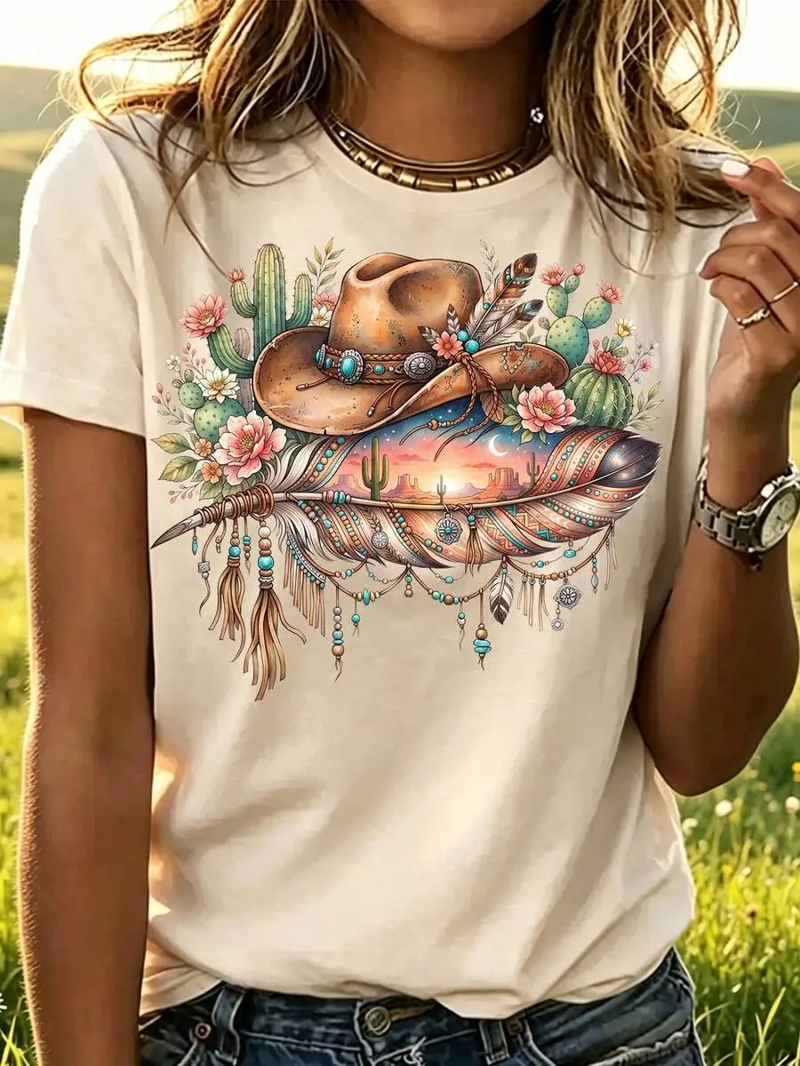 Western Boho Cactus Hat Feather Graphic Tee For Women, Regular Fit Cotton Crew Neck Short Sleeve T-Shirt, Casual Fall Everyday Leisure Top