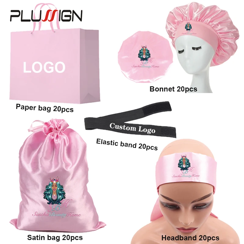 100Pcs Custom Logo Satin Bag For Hair Bundles Silk Edge Wraps & Bonnet Melt Band For Lace Frontal Paper Wig Bags For Packaging