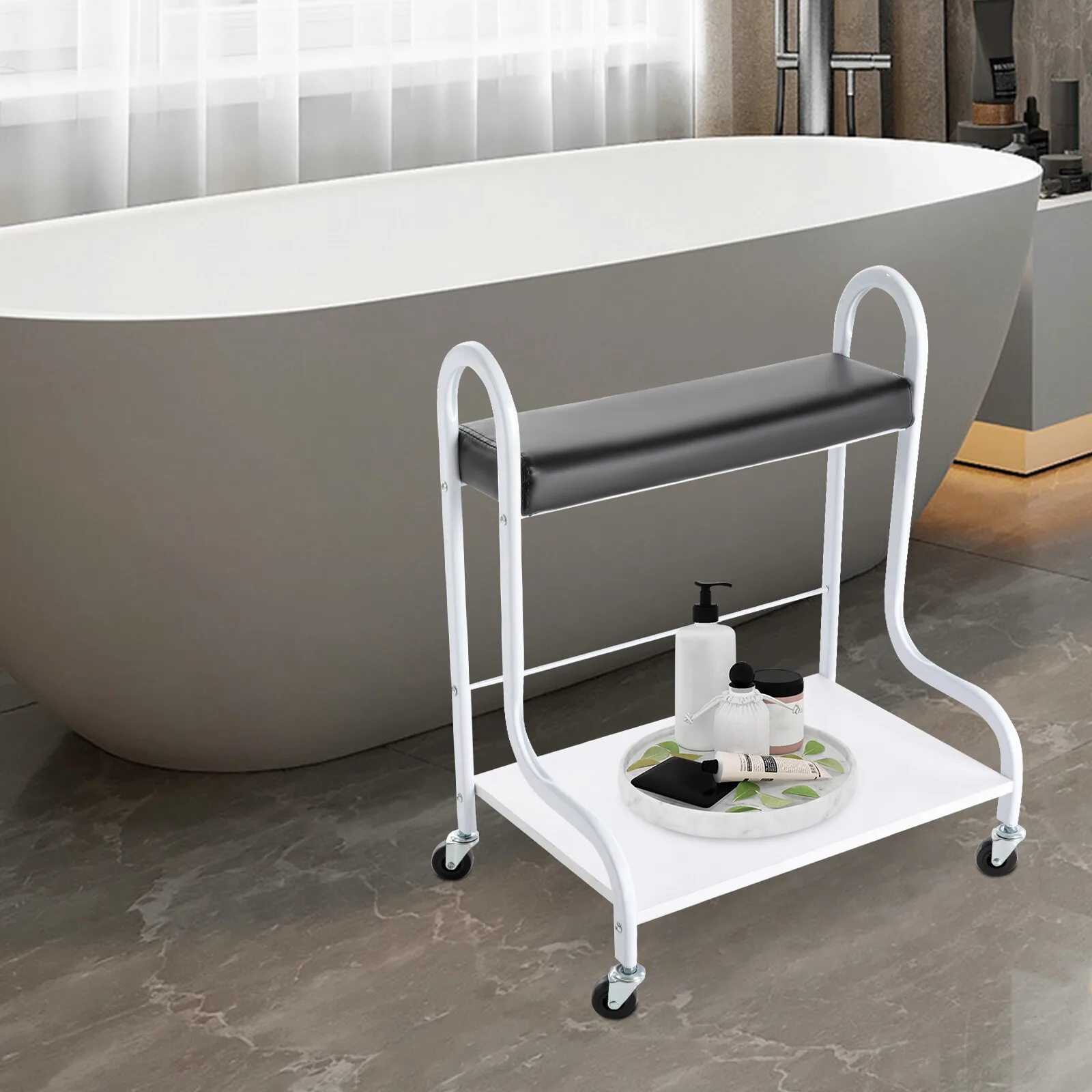 

Двухуровневая серебристая тележка для маникюра и педикюра, портативная, на 4 колесах, для салонов красоты