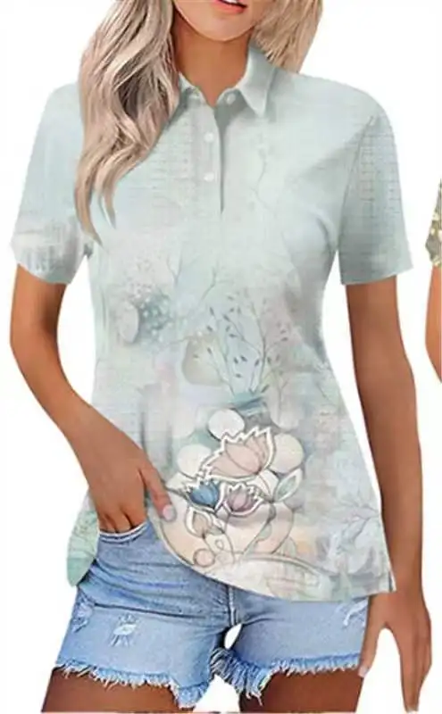 Camisa polo casual estampada em 3D feminina, blusa de manga curta, botão solto e emagrecedor, estilo étnico retrô, MB13