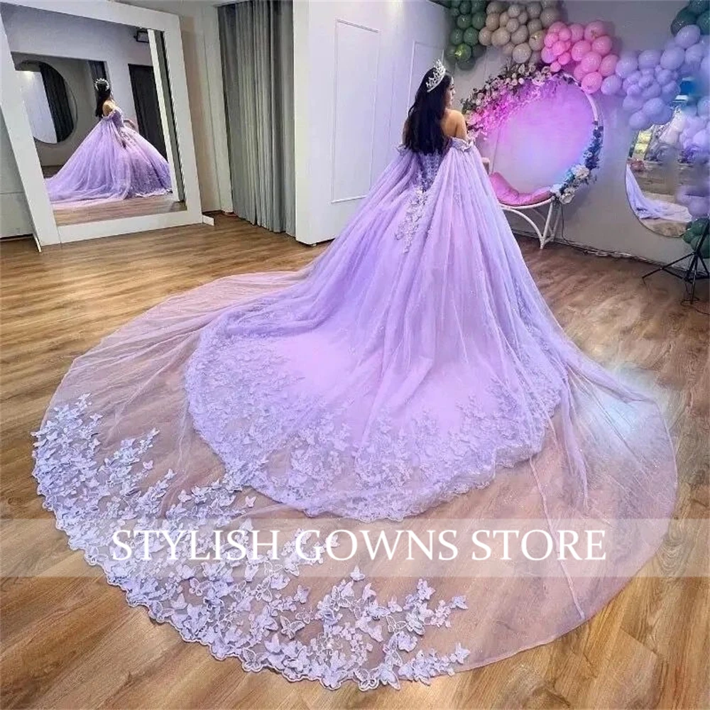 Vestido morado con hombros descubiertos para quinceañeras, vestido de baile con cuentas y flores en 3D, vestido de lujo para cumpleaños, apliques, vestido de princesa, capa personalizada, 2024