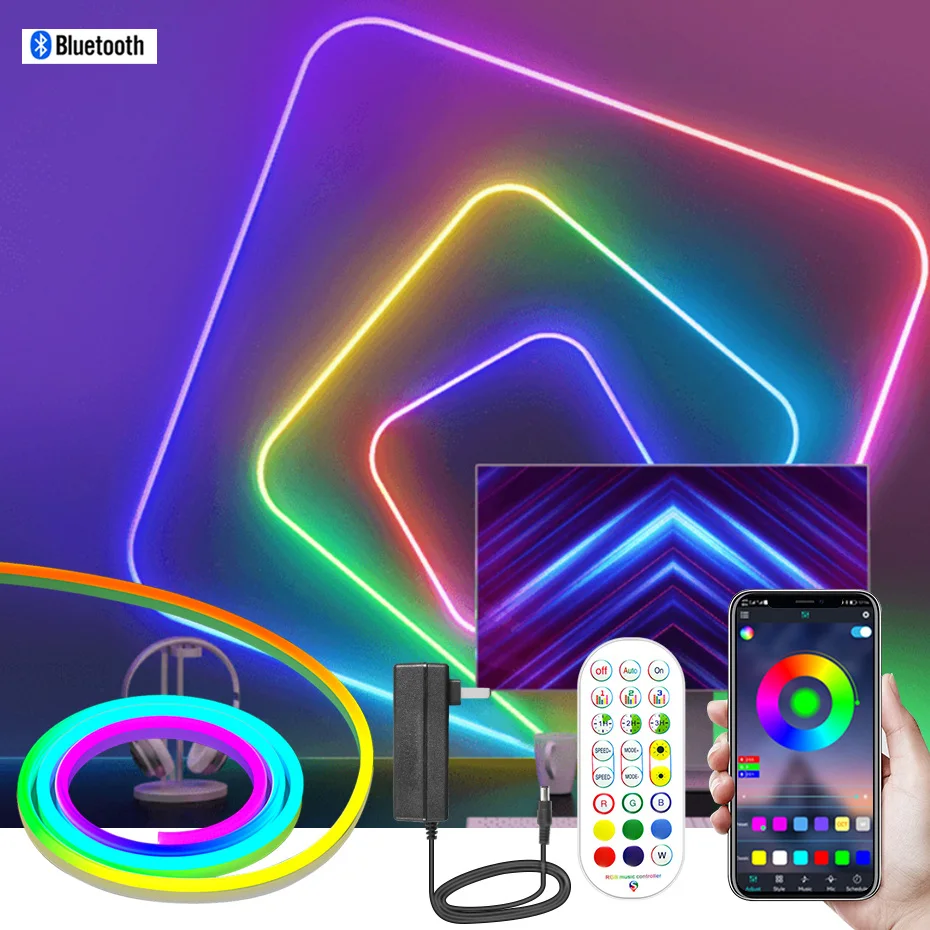 

Remote/Bluetooth/Tuya Wifi Led Neon Light 12V RGB IC 84LEDs/m EU AU UK US Plug Led Strip Neon Dream Full Color Decor Lighting
