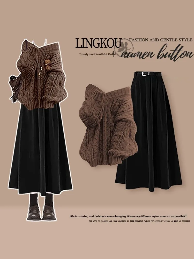 

Casual Knitted Sweater And High Waist Skirt Two Piece Set for Women Autumn Fashion Slimming Look V Neck Long Sleeve mid Length