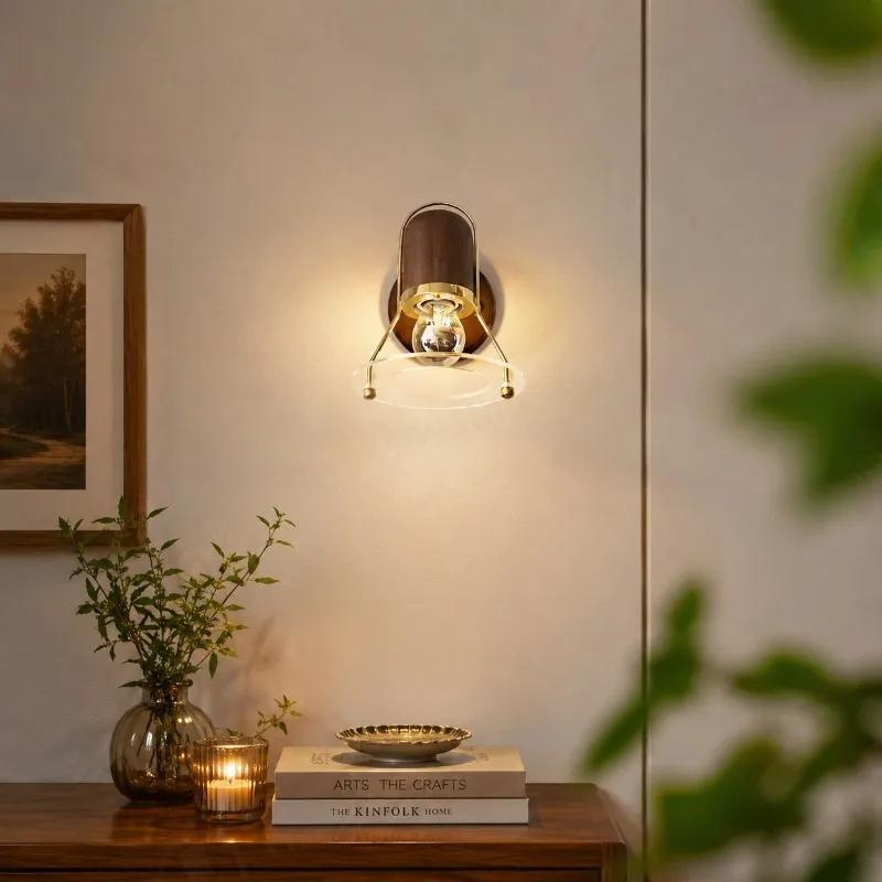 Vintage Walnut Wall Sconce Japanese Mid Century Wall Lamp for Bedroom Bedside Hallway Aisle Decor