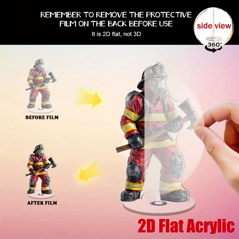 Diseño gráfico 2D, adorno giratorio de acrílico para mesa con la imagen de un valiente bombero sosteniendo una pala, diseñado específicamente para exhibir en estanterías o como un regalo con significado.