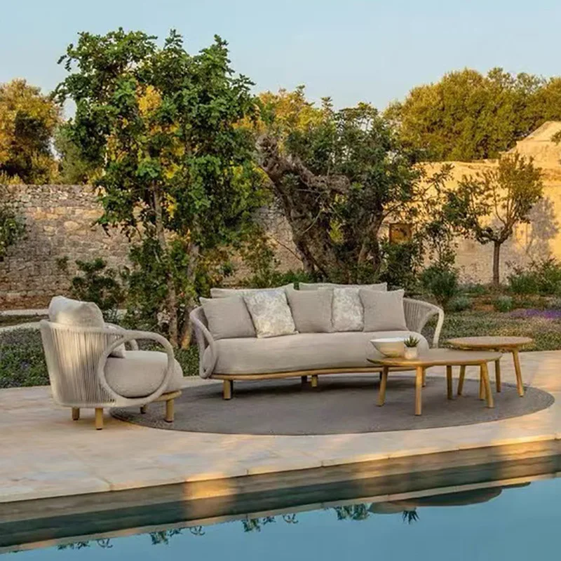 

Outdoor teak sofa courtyard outdoor villa outdoor furniture waterproof sunscreen teak rattan sofa combination