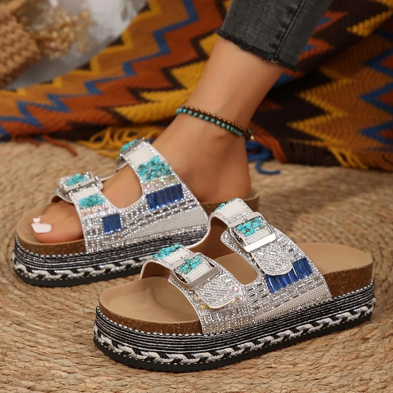 Metal Buckle Soft Sole Flip-flops Women's Outer Summer New Fashion and Versatile Rhinestone Wedge Non-slip Cool Slippers view 5