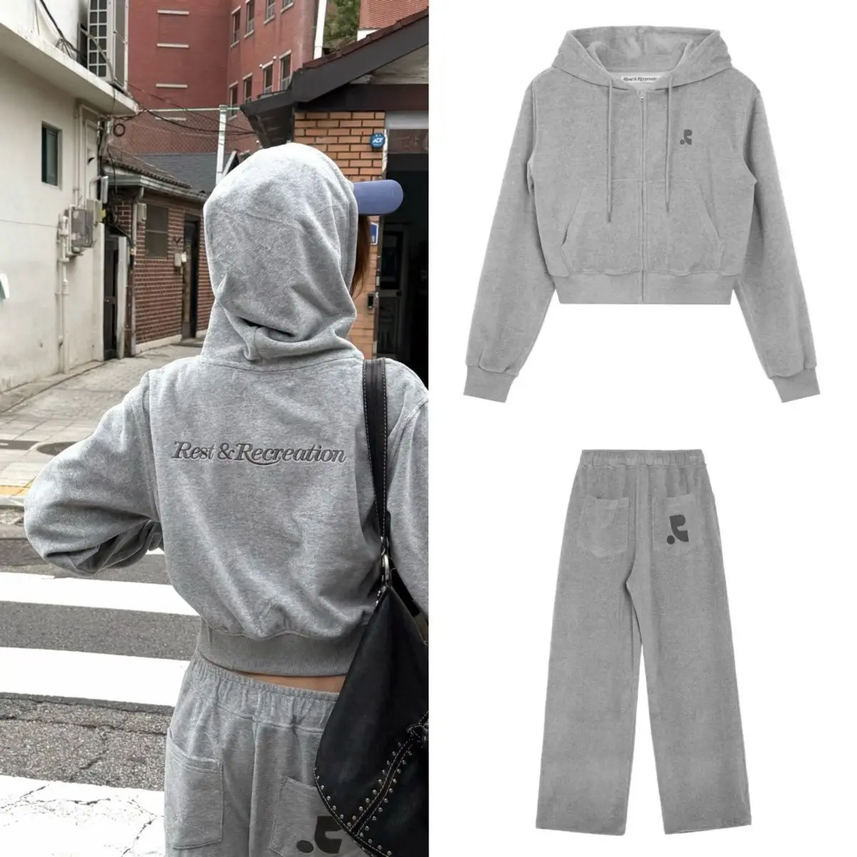 Rest&Recreation Korean Streetwear Embroidered Velour Zip-Up Hoodie Sweatpants Tracksuit Set Men Women