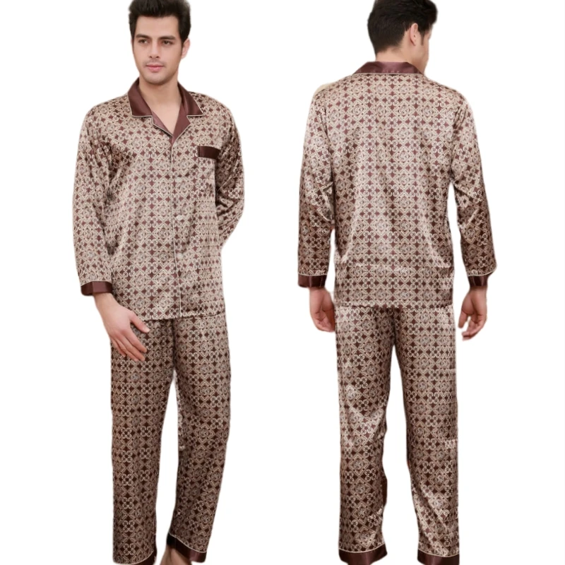 

Мужские пижамы 3XL, новый шелковый пижамный комплект, уютные мягкие шелковые атласные мужские топы с длинными рукавами и принтом, брюки, мужские шелковые пижамы из двух предметов
