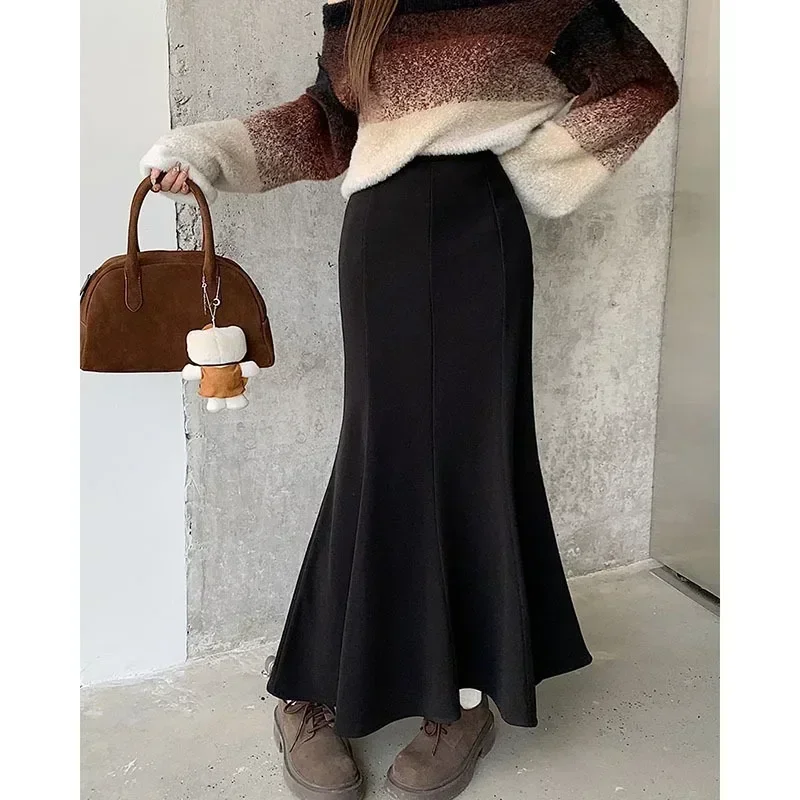 New Woolen Fishtail Long Skirts Elastic Waistband Slimming Hip Skirt Korean Style Design Sense Trumpet Skirts for Women Outwear