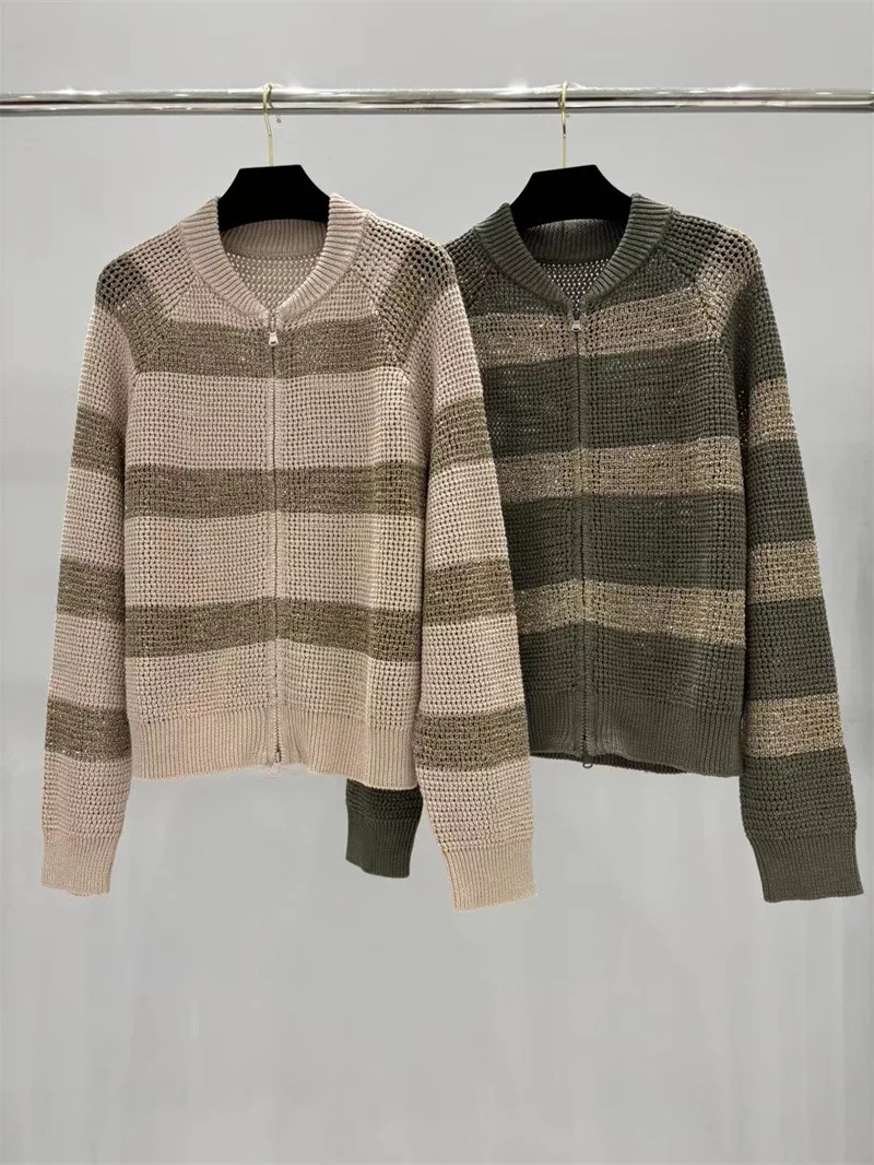 2026Autumn Women's Color-Block Sequin-Striped Knit Cardigan