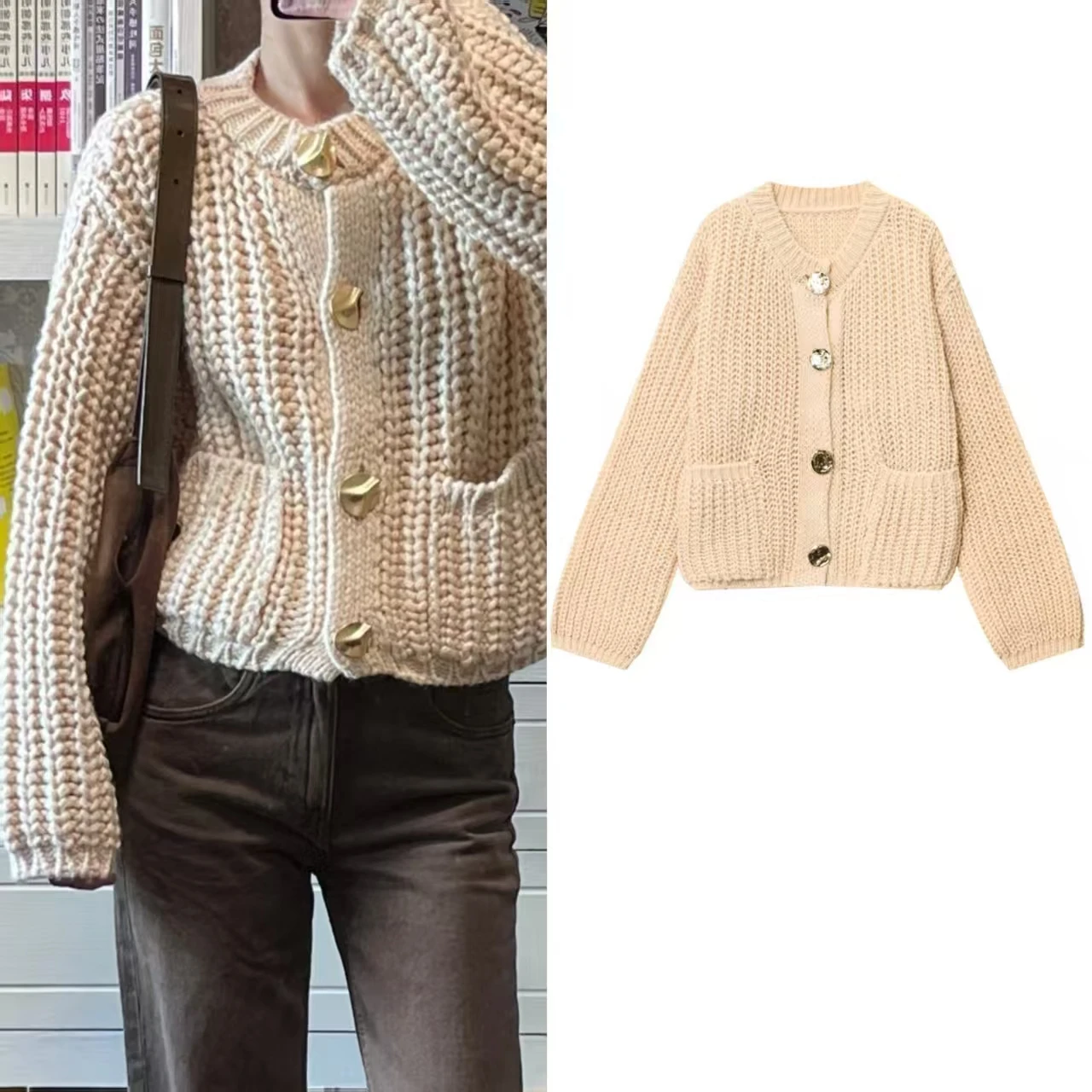 

Women's Coat New for Autumn 2025 Yellow Long-sleeve Round-Neck Simple Button-decorated Knitted Coat Casual and Fashionable