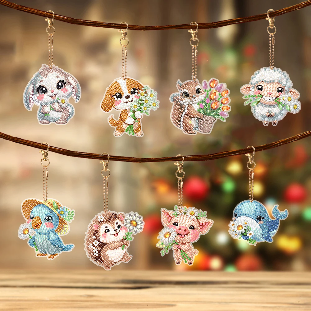 8 قطع مزدوجة الجوانب الربيع زهرة الحيوان الماس الفن كيرينغ الماس اللوحة الفن المفاتيح قلادة للمبتدئين البالغين #2