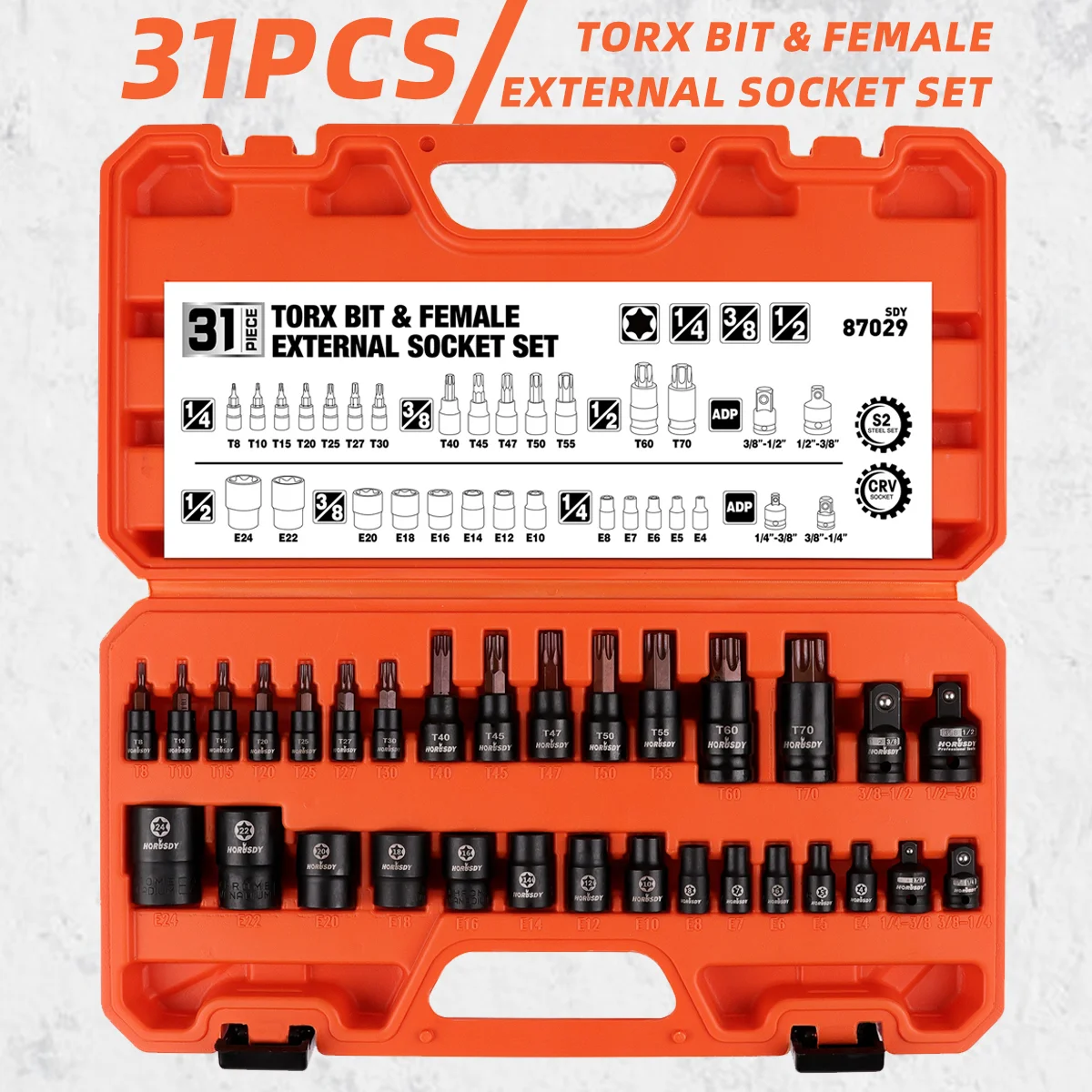 

31Pcs Torx Bit & Female External Socket Set - Premium Cr-V & S2 Alloy Steel, Star T8-T70 & E-Torx E4-E24