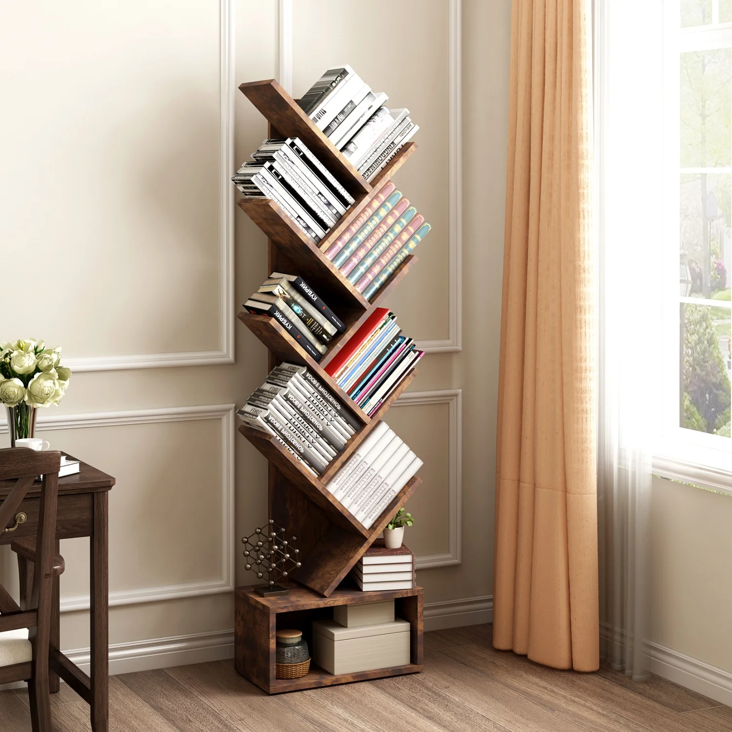 

Wooden Tall Bookshelf with Storage, Corner Bookshelf Tree Bookshelf for Living Room Bedroom Home Office