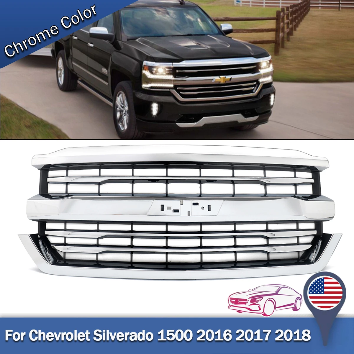 

For 2016-18 Chevrolet Silverado 1500 Chrome Front Bumper Grille LTZ High Country