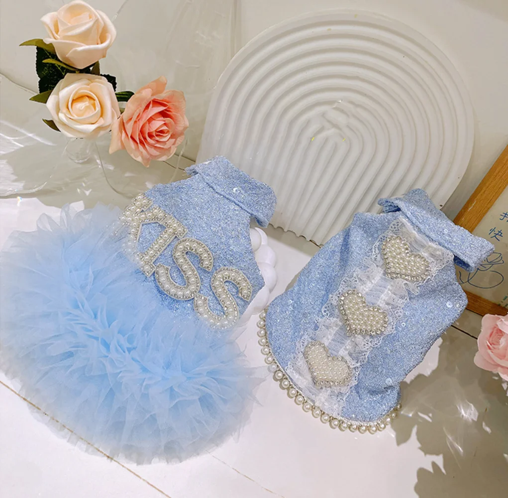 

Pearl Lace Court-Style Elegant Pet Couple Outfit Blue Lolita Dog Puffy Dress Wedding Dress And Formal Coat