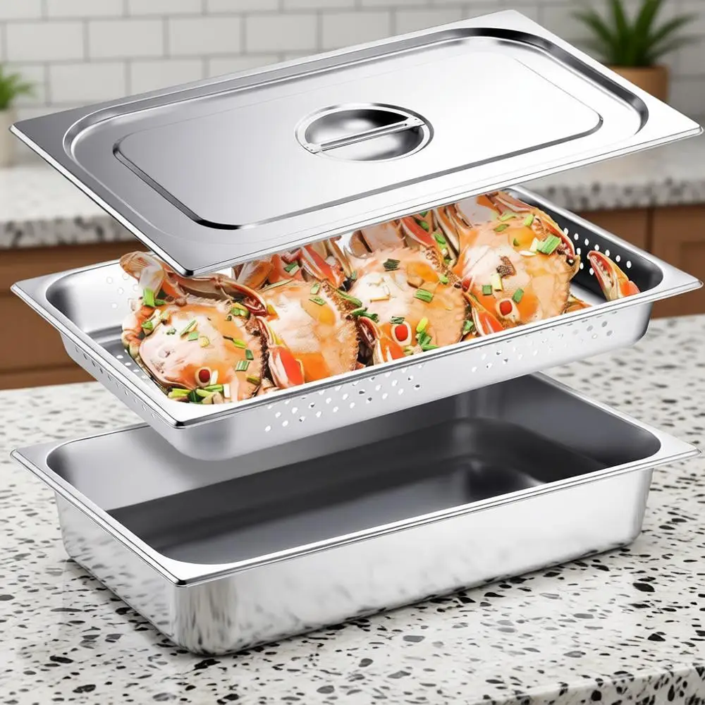 

3 Pack Large Size 2.6 Inch, 4 Inch Hotel Pan with Lid Perforated Steam Table Pan Restaurant Supplies or Kitchen, Steam Table Tra
