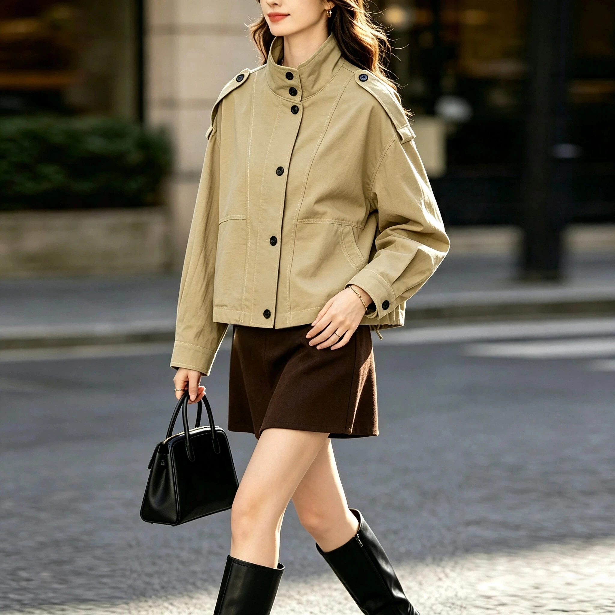 Autumn Women Khaki Loose Stand Collar Long Sleeve Button Decor Casual Jacket Comfortable Chic Oversized All-match Jacket