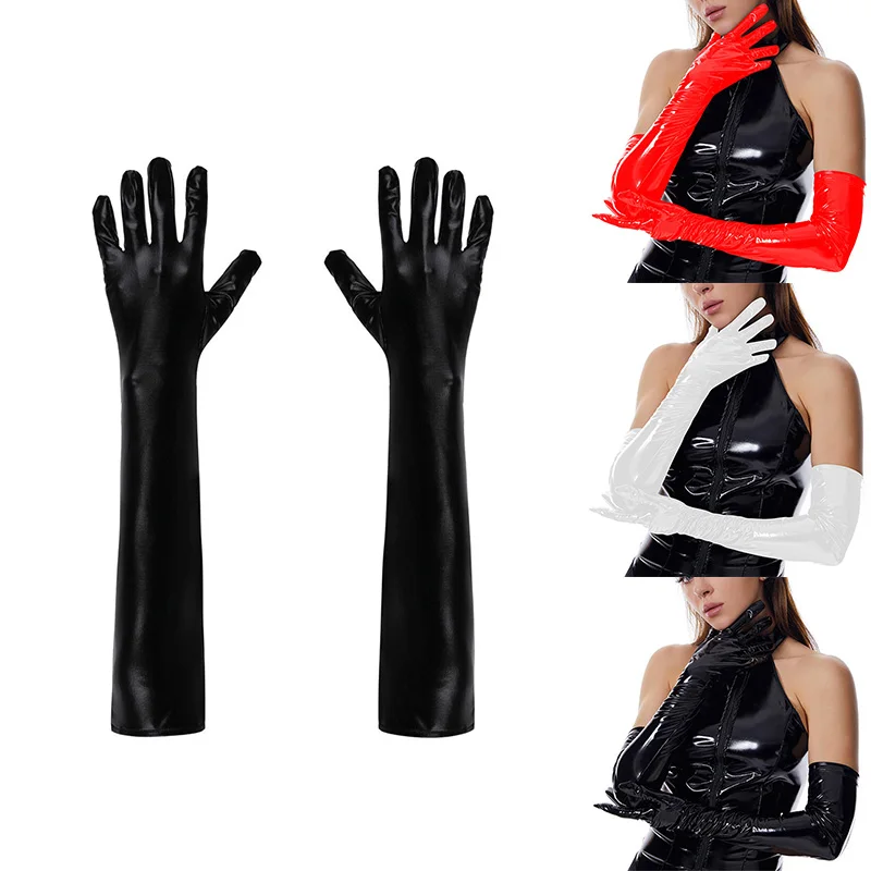 Women Costume Cosplay Long Patent Leather Gloves Sexy Wet Look Long Gloves Elbow Length Long Gloves for Wedding Evening