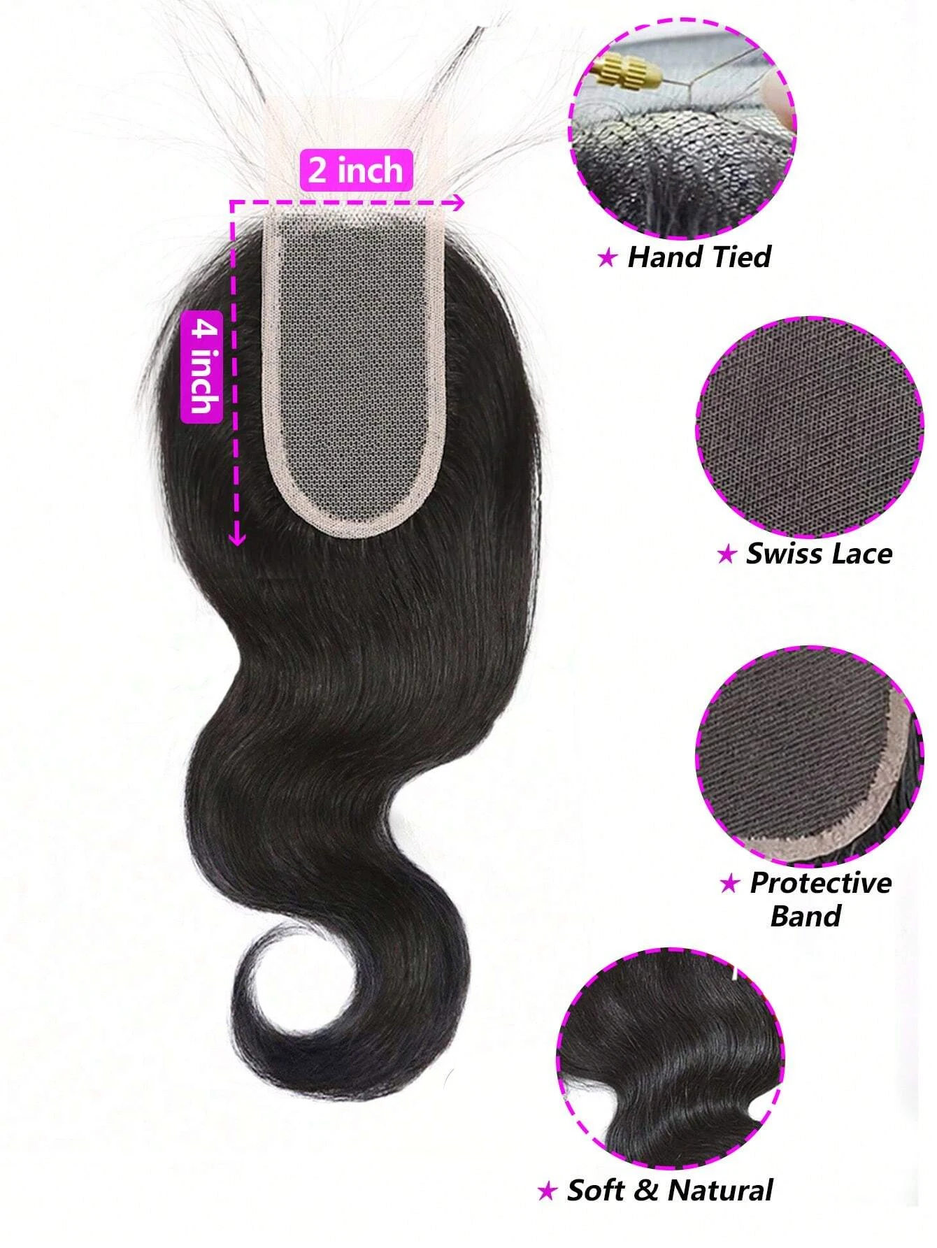 2x4 Body Wave Lace Closure Swiss Transparent Lace Brazilian Remy Human Hair Lace Closure Straight PrePlucked Natural Hairline