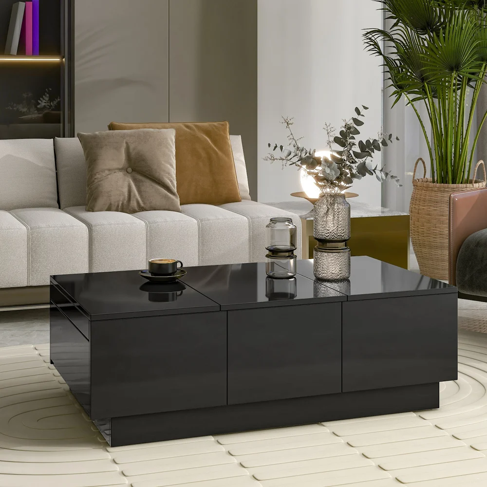 ON-TREND Coffee Table with 2 Large Hidden Storage Compartment Extendable Cocktail Table 2 Drawers High-gloss Center Table