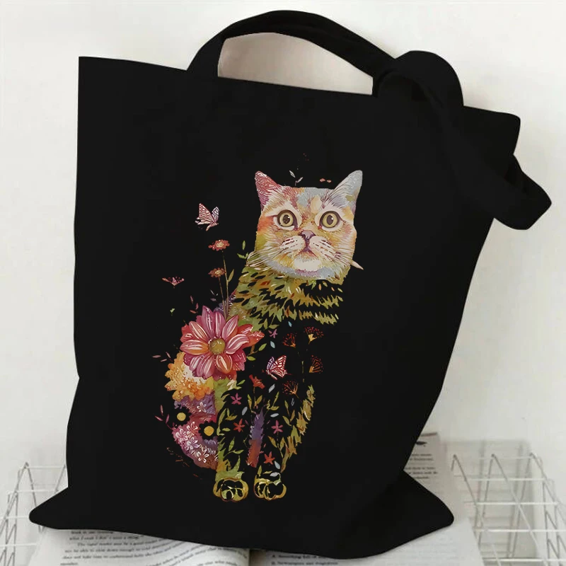 Cat and Flower Print Shoulder Bag Women Vintage Aesthetics Kitten Design Tote Bags Teenager Girls Shopping Bags Female Handbag