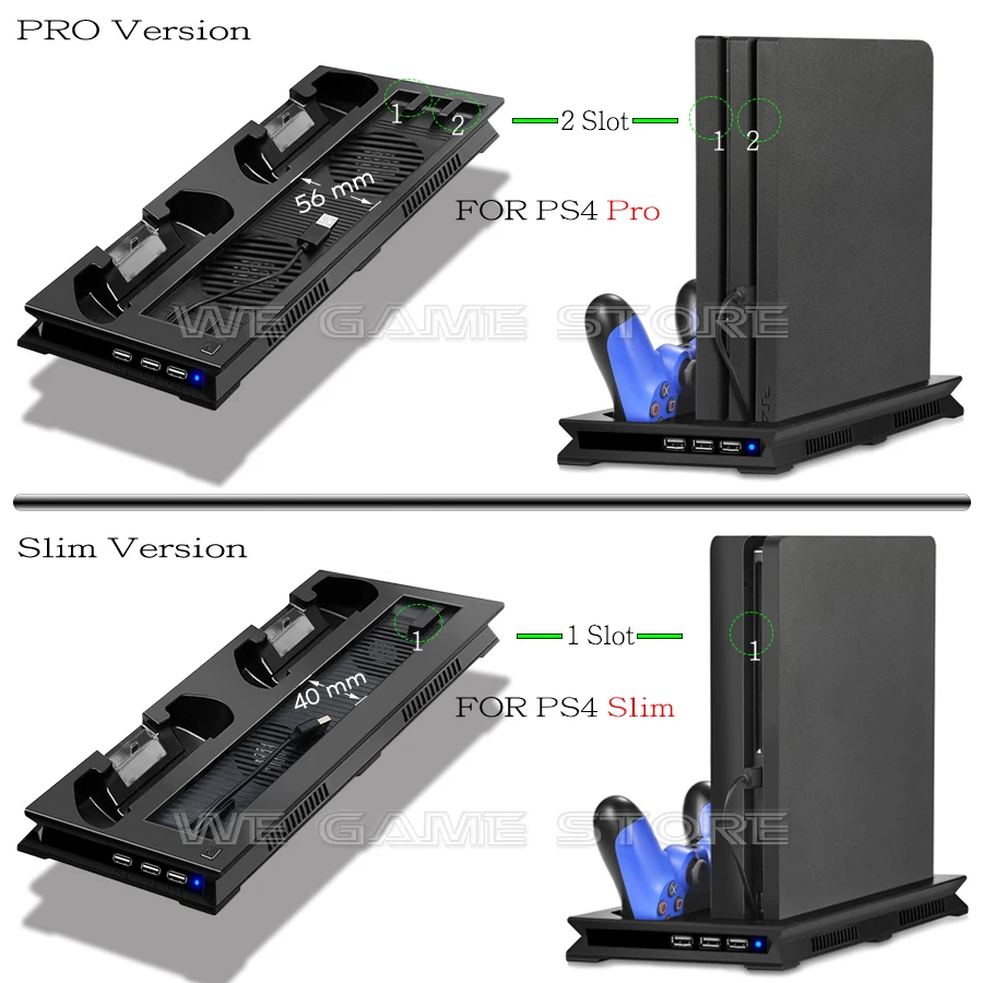 PS4 PRO/SLIM Console de Jogos Suporte Vertical, Cooling Stand, 2 Cooler Fan, Gamepad, Estação de carregamento para Sony Playstation 4 Slim