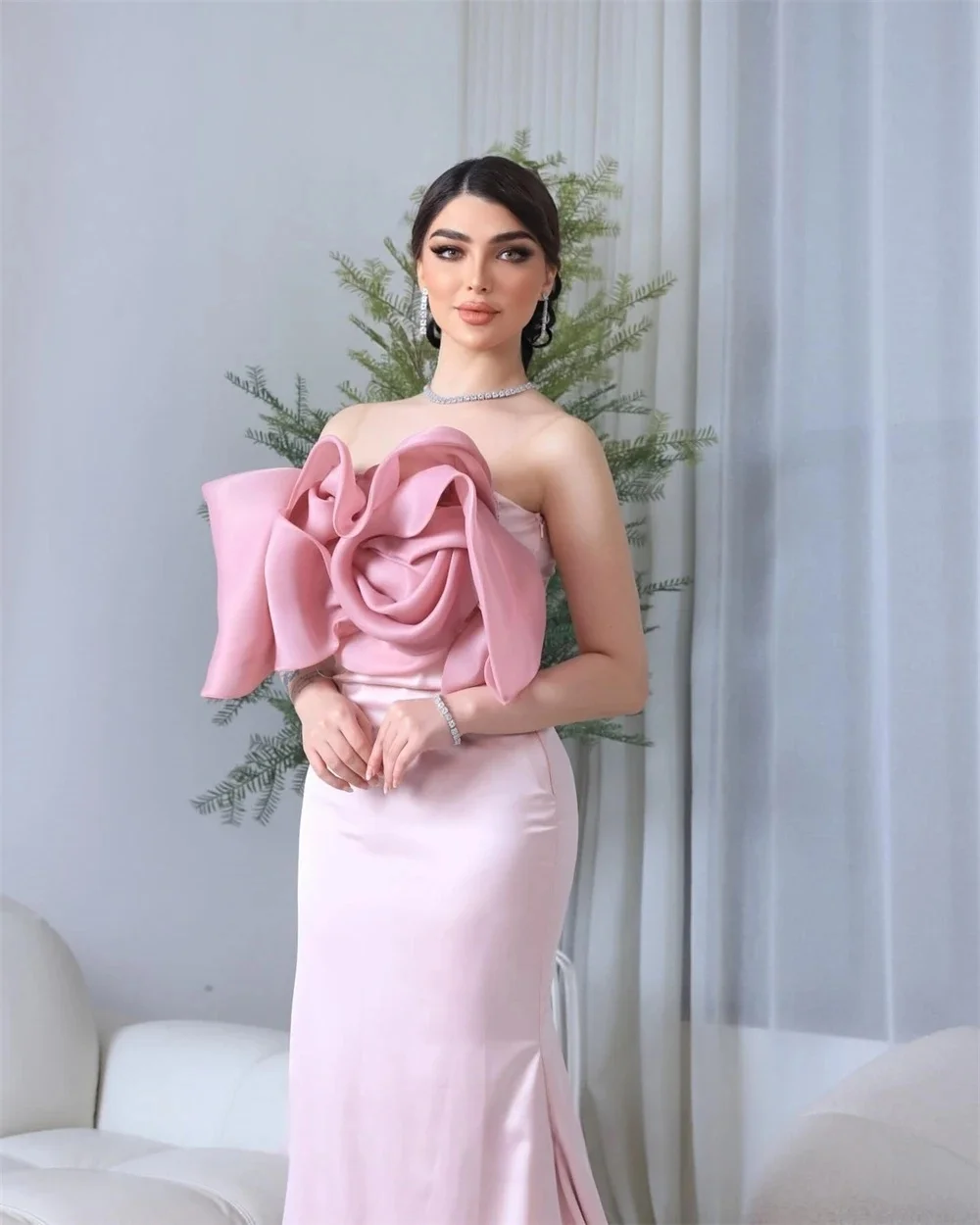 Abito da sera lungo su misura senza spalline floreale rosa Abiti da sera Pastrol Maglia unisex Retro Dubai Arabia Saudita Prom personalizzato